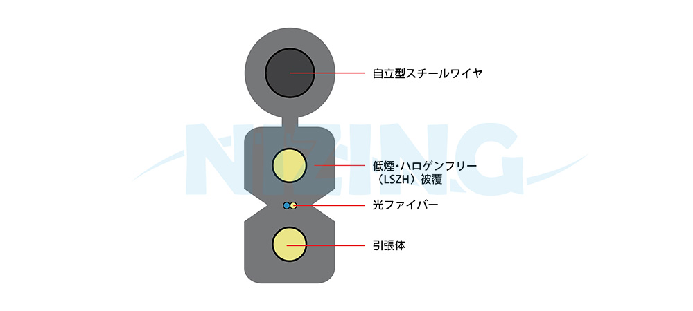 屋内外対応の自立型フラット光ファイバーケーブルで、主に FTTH（光ファイバー宅内引込）用途に使用されます。芯数は 2 芯または 4 芯が標準で、より多芯のカスタマイズも可能です。外被材には、難燃・低煙・ハロゲンフリー（LSZH）素材を使用しています。